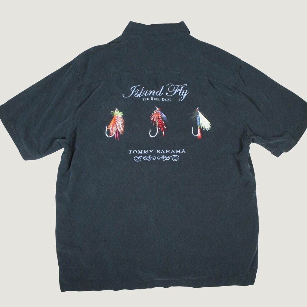 Tommy Bahama Silk‎ Shirt Mens L Black Excellent Island Fly Fishing Embroidered